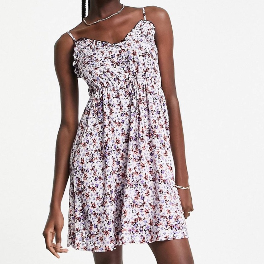 Vero Moda purple floral frill detail mini dress